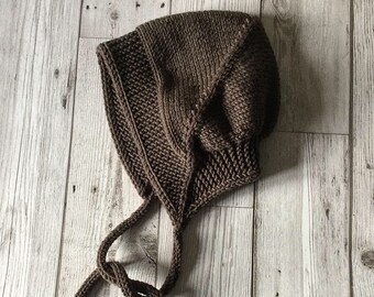 Hand-Knitted Merino Wool Baby Bonnet - Earth Tone, Seamless