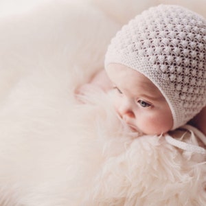 White bonnet for boy or girl made from baby merino wool. Bonnet for coming home, baptism or any special occasion. Made to order.