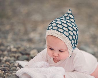 Hand knitted Pixie Bonnet. Child Pixie bonnet. Infant Pixie hat. Vintage style bonnet. Knitted bonnet. Infant knit cap. Made to order.