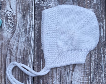 Ready to ship bonnet 3-6 months, hand knitted white unisex baby hat made from baby soft yarn