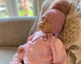 Vintage pink Nordic style bonnet with large faux fur pompom,Handmade Baby pompom hat  Made to order in newborn  to 12 months sizes.