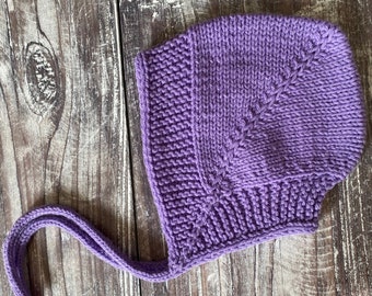 Ready to ship bonnet for a girl, purple hat for 3-6 months made from baby soft yarn