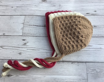 Merino wool baby bonnet, Hand knitted gender neutral bonnet, made to order in sizes newborn to 24 months.