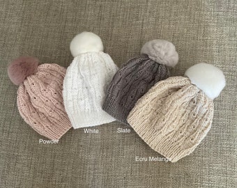 Baby beanie with detachable faux fur pompom, Beanie baby hat pull on style, Lovely baby shower gift, First photo shoot hat ready to ship