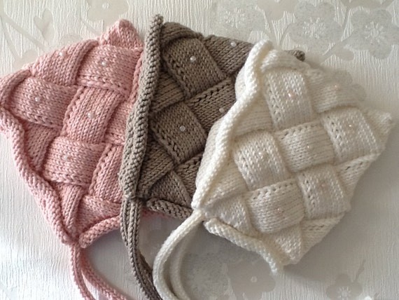 Hand Knitted Beaded Baby Bonnet: Merino Silk Entrelac Pixie Hat (NB-6 Months)