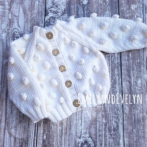 Hand knitted white popcorn baby cardigan,  merino wool bobble cardigan , made to order in sizes 0-12 months.