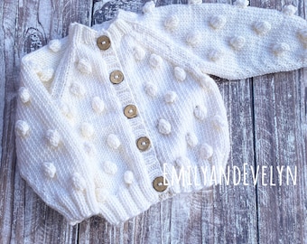 Hand Knitted Merino Wool Baby Cardigan - White Popcorn Bobble Design