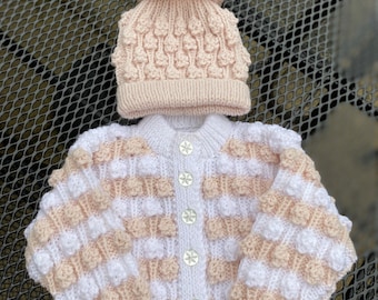 Hand knitted popcorn cardigan and beanie hat for a 3-6 month baby, bobble cardigan and pompom hat Ready to ship