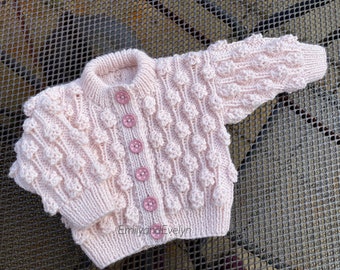 Hand knitted bubble cardigan for new baby, Pale pink popcorn cardigan made to order.
