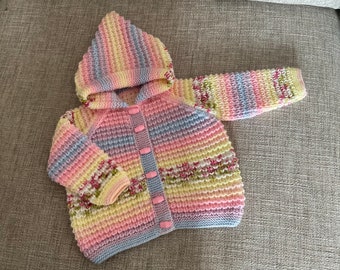 Hand knitted baby coat with hood, hooded baby jacket, baby hand knit coat, beautiful baby girl gift, multi coloured baby sweater  RTS