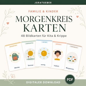 Puede incluir: Un conjunto de 48 tarjetas educativas para niños con ilustraciones de días, estaciones, clima, emociones y rutinas diarias. Las tarjetas están alineadas con etiquetas en alemán. El encabezado dice JGRATGEBER FAMILIE & KINDER MORGENKREIS KARTEN 48 Bildkarten für Kita & Krippe.