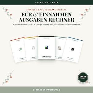 Könnte beinhalten: Ein digitales Finanztool für Kleinunternehmer mit fünf weißen Karten, beschriftet mit Einnahmen, Ausgaben, EÜR & Dashboard, Anlage EÜR und AfA & GWG. Der Text lautet J GRATGEBER, FINANZEN & KLEINUNTERNEHMER § 19, EÜR & EINNAHMEN AUSGABEN RECHNER und DIGITALER DOWNLOAD.