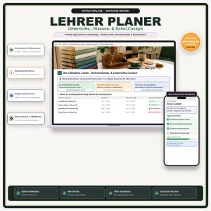 Lehrerplaner Digital Deutsch Notion Vorlage | Lehrerkalender & Referendariat Planer | Unterrichtsplanung Notenrechner + Klassenbuch Vorlage