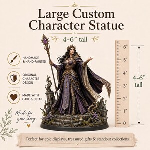 May include: A large custom character statue of a queen in a purple and gold gown holding a staff with a purple crystal. The statue stands on a stone base with vines and flowers. A wooden ruler next to the statue indicates a height of 4-6 inches.
