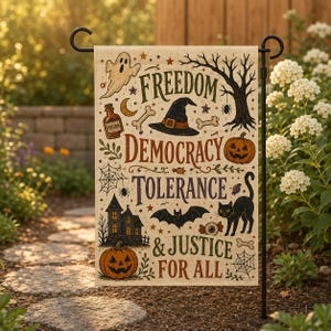 May include: A rectangular garden flag featuring a beige background with Halloween-themed illustrations including a ghost, witch hat, pumpkins, a black cat, a bat, and a haunted house. The text reads Freedom, Democracy, Tolerance & Justice For All.