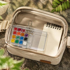 May include: A beige canvas zippered pouch containing a clear plastic watercolor paint set with twelve small square pans in various colors, a silver metal binder clip attached to the paint set, and a small spiral-bound notebook with cream pages.