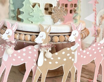 Pink Christmas Holiday Christmas Reindeer Brown Spotted Hand Painted Reindeer Mini Size