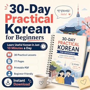 May include: A spiral-bound workbook titled 30-Day Practical Korean for Beginners, featuring illustrations of a traditional building, N Seoul Tower, and two people. Includes a white mug with a heart icon, a pencil, and a yellow sticky note with a heart.
