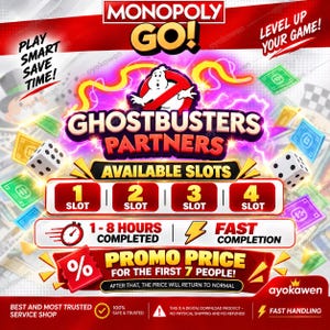 Op de afbeelding: Een digitale afbeelding voor Monopoly Go Ghostbusters Partners met het spellogo, een spookicoon en vier beschikbare slots. De tekst bevat PLAY SMART SAVE TIME, LEVEL UP YOUR GAME, 1-8 HOURS COMPLETED, FAST COMPLETION en PROMO PRICE.