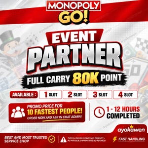 Op de afbeelding: Een digitale afbeelding voor Monopoly GO! Event Partner met de tekst Full Carry 80K Point. Het ontwerp bevat opties voor 1, 2, 3 of 4 slots, een promotiebericht voor de 10 snelste personen en een 1-12 uur klokicoon op een rode achtergrond.