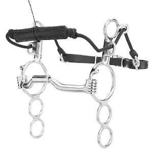 Puede incluir: Un bocado para caballo de metal plateado con una embocadura curva, múltiples anillos circulares en las camas y una muserola de cuero negro con una correa de cuerda. El herraje incluye un cierre de hebilla y una pieza nasal de cuero acolchada.