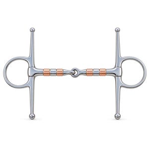 May include: A full cheek horse bit featuring a jointed mouthpiece with alternating silver-coloured and copper-coloured metal segments. The bit includes two circular rings on each side connected to vertical bars with rounded ends at the top and bottom.