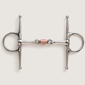 May include: A stainless steel full cheek horse bit featuring a central copper-coloured roller. The bit consists of two vertical cheek bars connected to circular rings, with a jointed mouthpiece that includes a small, cylindrical copper centre piece.
