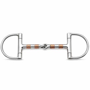 May include: A D-ring horse bit featuring a jointed mouthpiece with alternating silver-toned stainless steel and copper-coloured metal segments. The bit includes two D-shaped rings on either end connected to a central hinge mechanism for movement.