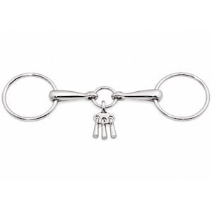 Può includere: Un morso per cavallo in metallo color argento con due grandi anelli circolari su entrambi i lati collegati da una barra centrale. Un piccolo ciondolo pendente con tre elementi verticali a forma di bastoncino è fissato a un anello.