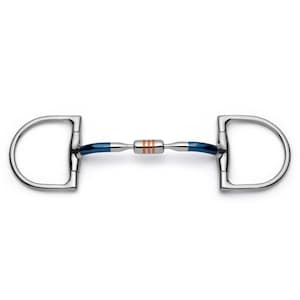 May include: A D-ring horse bit featuring a silver-coloured metal frame with blue-coated segments on the mouthpiece. The centre of the mouthpiece is a silver-coloured barrel with three distinct copper-coloured vertical stripes across its surface.