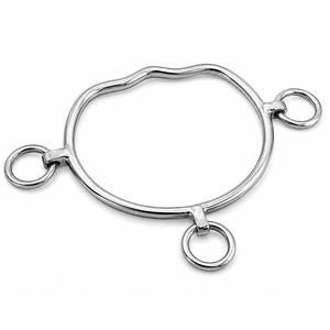 Könnte beinhalten: Ein silberfarbenes Pferdegebiss aus Metall mit einem großen, leicht unregelmäßigen kreisförmigen Rahmen und drei kleineren, beweglichen Ringen, die in gleichen Abständen am Umfang befestigt sind. Das Metall hat eine glatte, polierte Oberfläche.