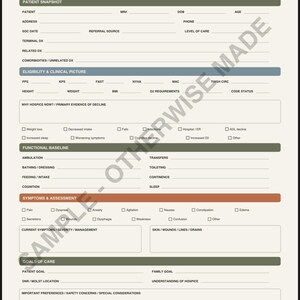 May include: A printed hospice admission information sheet with sections for patient snapshot, eligibility, clinical picture, functional baseline, symptoms, assessment, and goals of care. The document features checkboxes and blank lines for data entry.