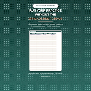 Peut inclure: Un modèle de feuille de calcul numérique pour le suivi des clients sur un fond vert foncé à pois. Le texte indique : INSTANT DIGITAL DOWNLOAD, RUN YOUR PRACTICE WITHOUT THE SPREADSHEET CHAOS, Client tracker, session log, notes template, invoicing, for coaches, therapists, Excel, Google Sheets, Every client, every session, every payment — in one file, BrightLedgerCo.
