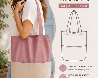 May include: A sewing pattern for an Everyday Tote Bag featuring a two-tone design with a mauve upper section and a beige lower pocket. The graphic includes text labels for A4, A0, and Letter formats, along with a line drawing of the bag structure.