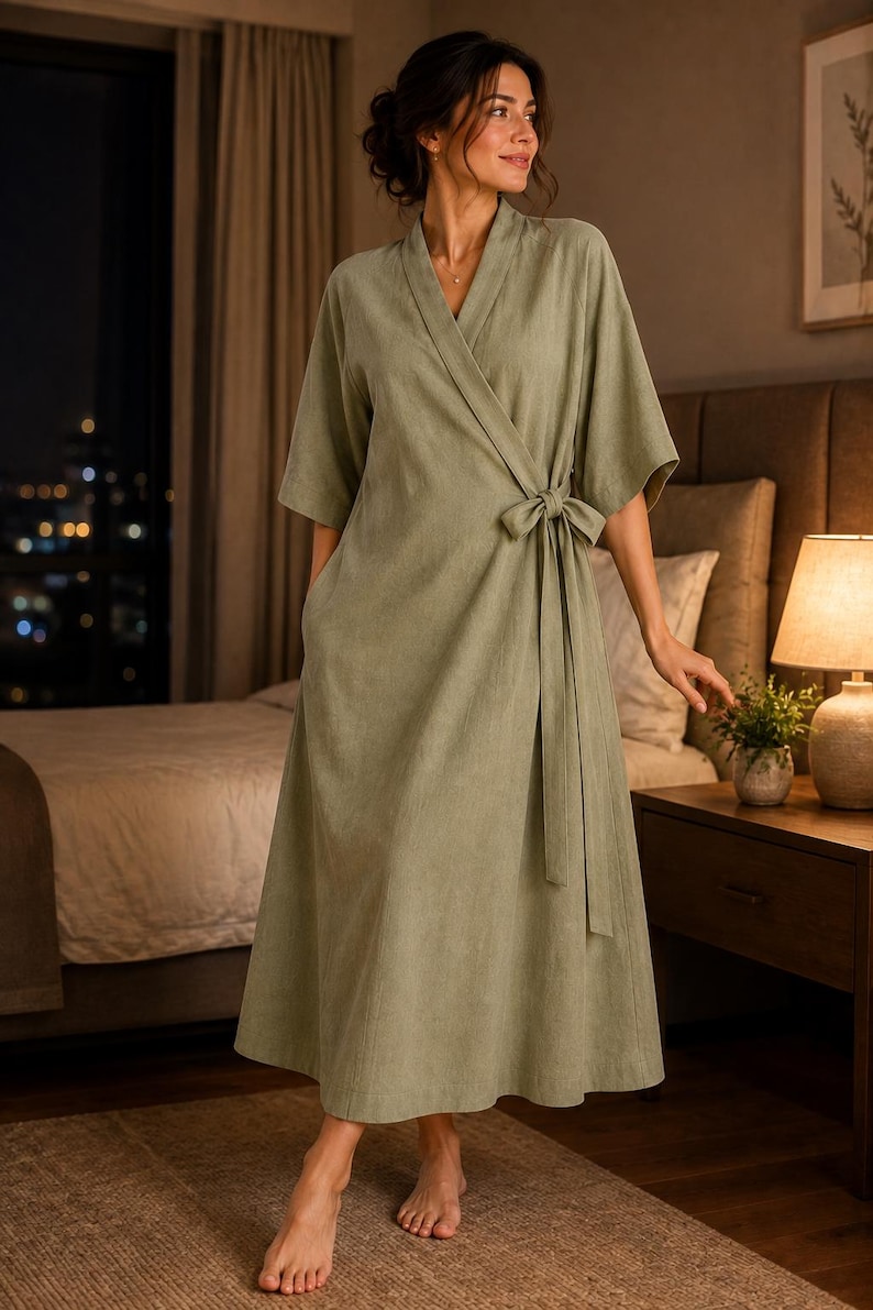 May include: A sage green wrap-style robe featuring a V-neckline, wide three-quarter length sleeves, and a matching fabric tie at the waist. The garment is floor-length with a straight hemline and includes side pockets, crafted from a solid-colored fabric.