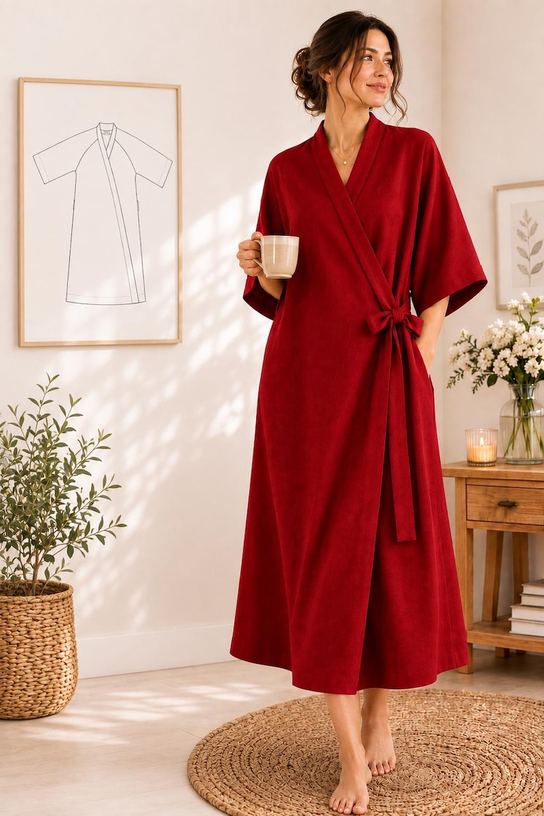 May include: A deep red wrap-style robe featuring a V-neckline, three-quarter length sleeves, and a matching fabric tie belt at the waist. The garment has a midi-length hemline and a clean, solid-colored design with a simple, structured silhouette.