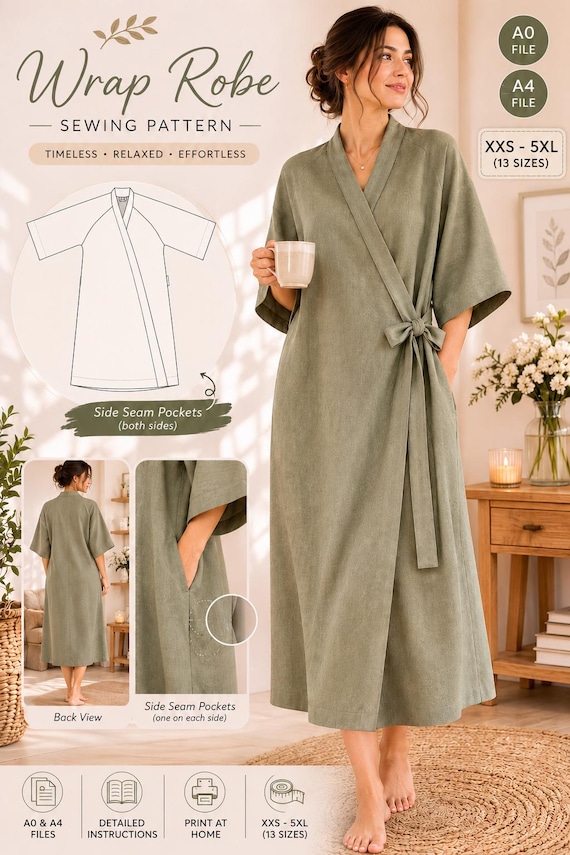 Wrap Robe Sewing Pattern PDF, Women's Kimono Robe Pattern XXS-5XL, A0 & A4 Printable Sewing Pattern, Instant Digital Download