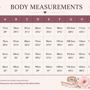 May include: A body measurements chart with a light pink background and floral accents. The table displays sizes A through J for high bust, bust, waist, and hip, providing measurements in both centimeters and inches. A measuring tape is visible.