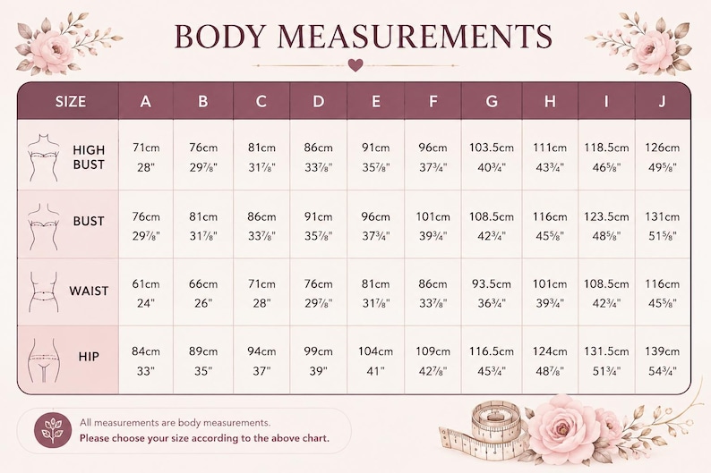 May include: A body measurements chart with a light pink background and floral accents. The table displays sizes A through J for high bust, bust, waist, and hip, providing measurements in both centimeters and inches. A measuring tape is visible.