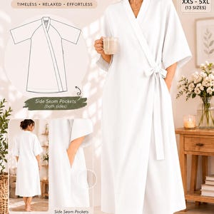 May include: A white wrap robe sewing pattern featuring a V-neckline, wide sleeves, and a tie waist. The design includes side seam pockets on both sides. The pattern is available in sizes XXS to 5XL, totaling 13 sizes, with A0 and A4 file formats.