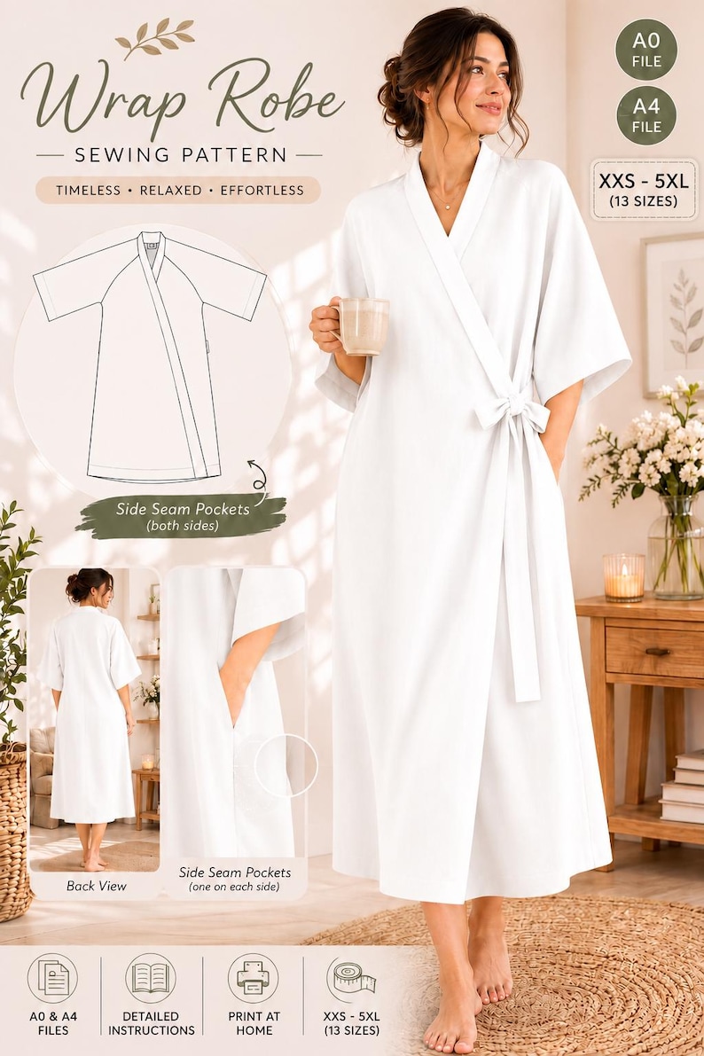 May include: A white wrap robe sewing pattern featuring a V-neckline, wide sleeves, and a tie waist. The design includes side seam pockets on both sides. The pattern is available in sizes XXS to 5XL, totaling 13 sizes, with A0 and A4 file formats.