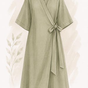 May include: A sage green wrap robe featuring a V-neckline, wide elbow-length sleeves, and a matching fabric tie closure at the waist. The garment has a clean, straight silhouette that falls to the knees, showcasing a solid, muted color palette.