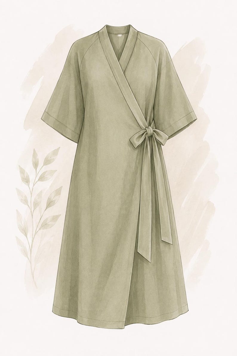 May include: A sage green wrap robe featuring a V-neckline, wide elbow-length sleeves, and a matching fabric tie closure at the waist. The garment has a clean, straight silhouette that falls to the knees, showcasing a solid, muted color palette.