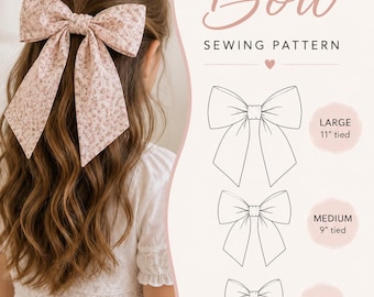 May include: A fabric bow sewing pattern featuring a light pink floral hair bow and three line-art diagrams labeled Large 11 inches tied, Medium 9 inches tied, and Small 6 inches tied. The text reads Fabric Bow Sewing Pattern and 3 Sizes Included.