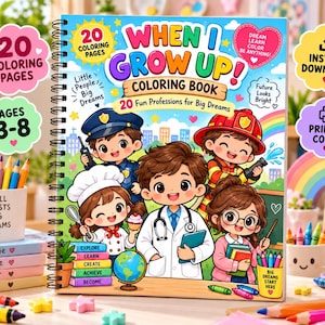 Puede incluir: Un libro para colorear con encuadernación en espiral titulado When I Grow Up! con ilustraciones de niños vestidos de policía, bombero, chef, médico y profesor. La portada incluye textos como 20 Coloring Pages, Little People Big Dreams y Future Looks Bright, con un fondo de ciudad colorido.