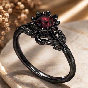 May include: A black metal ring featuring a central round-cut deep red gemstone. The setting is designed to resemble a blooming flower with sculpted petals and leaves extending along the band, creating a dark, botanical aesthetic for the jewelry.