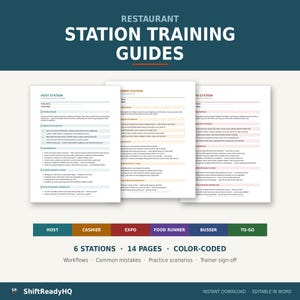 May include: A set of restaurant station training guides featuring 14 pages across 6 color-coded sections including Host, Cashier, Expo, Food Runner, Busser, and To-Go. The documents include workflows, common mistakes, practice scenarios, and trainer sign-off.