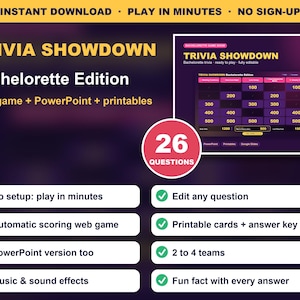Junggesellinnenabschiedsspiel, Braut-Quizshow, Online-Spiel mit automatischer Punktevergabe + bearbeitbare PowerPoint-Präsentation, Spiel für die Brautparty, Junggesellinnenabschied, zum Ausdrucken