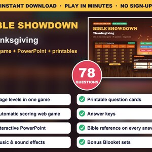 Thanksgiving Bible Game, Bible Trivia Game Show, Auto Score, PowerPoint & Web Browser, 3 Age Levels, Kids Teens, Sunday School, Youth Group