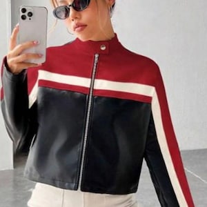 Women's Sheep Leather Colorblock Jacket with YKK Zipper